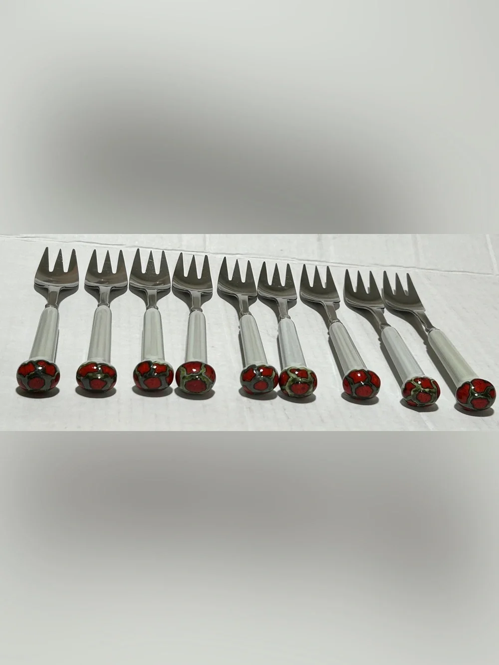 White-Handled Dessert Forks with Red Heart Accents - Set of 8